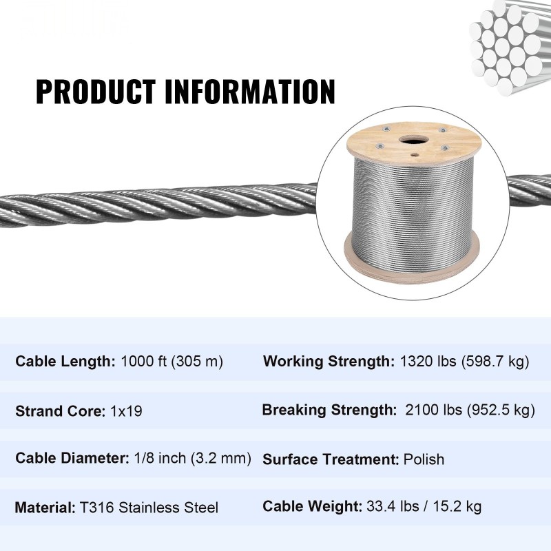 Ruostumaton T316 teräsvaijeri 1x19 3,2 mm 300 m kaiteisiin