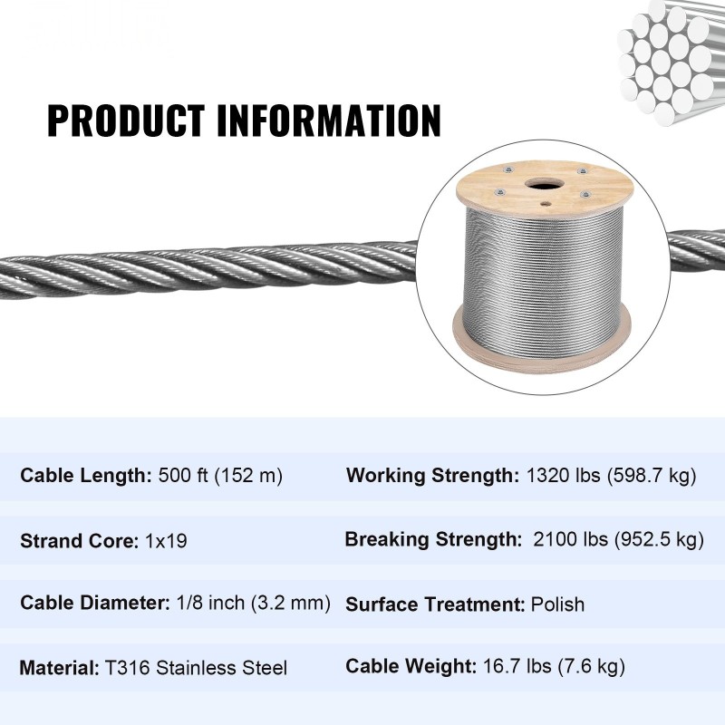 Ruostumaton teräsvaijeri T316 1x19 3,2 mm 150 m kaiteisiin