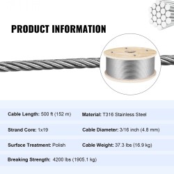 Teräsvaijeri 316-ruostumaton 4,8 mm 152 m 1x19-rakenne murtolujuus 1905 kg kaidevaijeriksi
