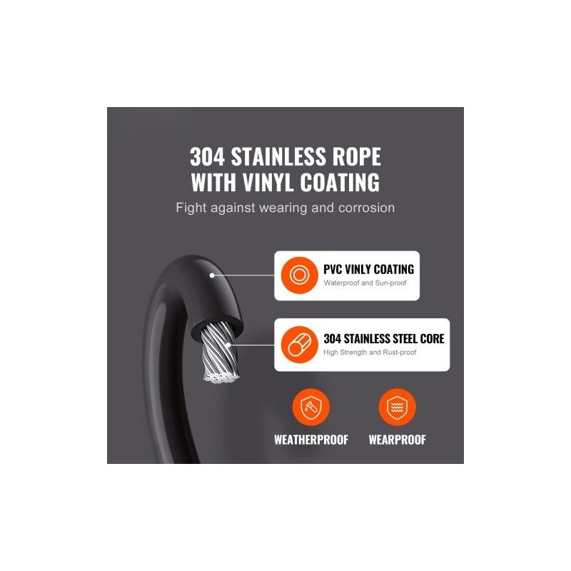 304-ruostumaton teräsvaijeri PVC-pinnoitettu 1,59 mm 7x7 50 m musta