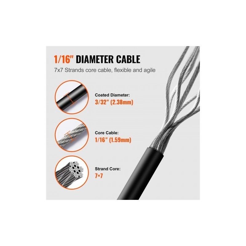 304-ruostumaton teräsvaijeri PVC-pinnoitettu 1,59 mm 7x7 50 m musta