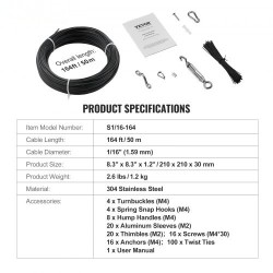 304-ruostumaton teräsvaijeri PVC-pinnoitettu 1,59 mm 7x7 50 m musta