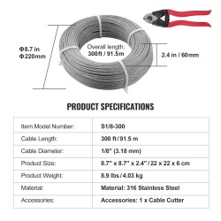 Ruostumaton 316-teräsvaijeri 3,18 mm 91,5 m 7x7 säikeinen kaidekäyttöön leikkuri mukana
