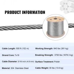Ruostumaton 304-teräsvaijeri 4,76 mm 7x19-rakenne 150 metriä kela