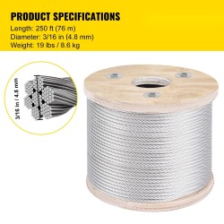 Ruostumaton teräsvaijeri 4,8 mm 7x19 rakenne 76 m murtolujuus 1678 kg