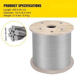 Ruostumaton teräsvaijeri T304 6,4 mm 7x19 61 m kaidekäyttöön ja nostoihin