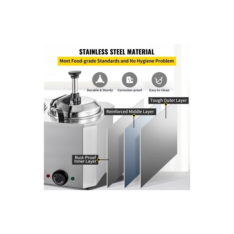 Juusto- ja kastikelämmitin ruostumatonta terästä kaksi 2,3 l säiliötä kaksi pumppua