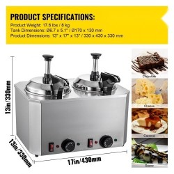 Juusto- ja kastikelämmitin ruostumatonta terästä kaksi 2,3 l säiliötä kaksi pumppua
