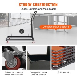 Taittotuolivaunu rautarunkoinen kapasiteetti kaksitoista taittotuolia neljä lukittavaa pyörää mattamusta tasopinoille