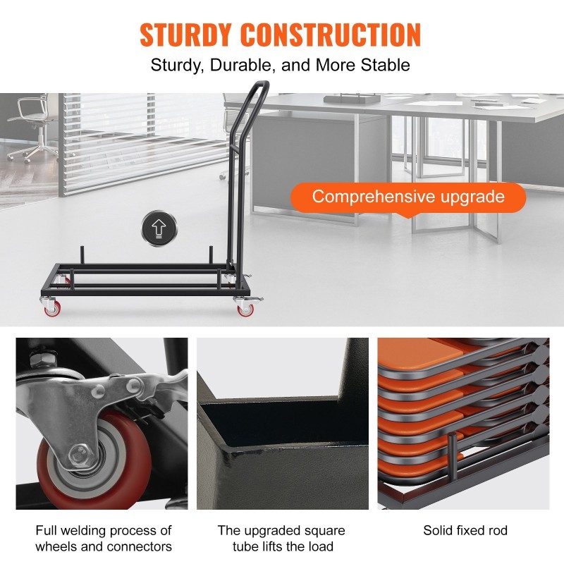 Taittotuolivaunu rautarunkoinen kapasiteetti kaksitoista taittotuolia neljä lukittavaa pyörää mattamusta tasopinoille