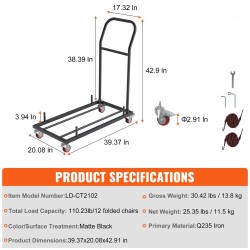 Taittotuolivaunu rautarunkoinen kapasiteetti kaksitoista taittotuolia neljä lukittavaa pyörää mattamusta tasopinoille