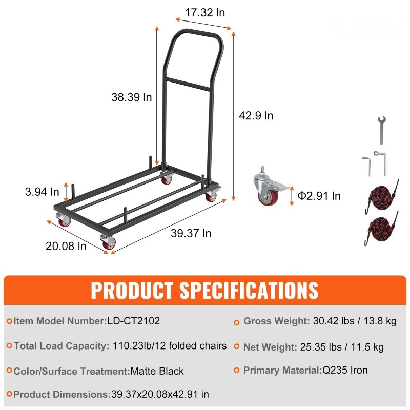 Taittotuolivaunu rautarunkoinen kapasiteetti kaksitoista taittotuolia neljä lukittavaa pyörää mattamusta tasopinoille