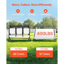 Taittotuolien kuljetuskärry Q235-rautainen runko 42 tuolia 181 kg jarrulliset pyörät mattamusta