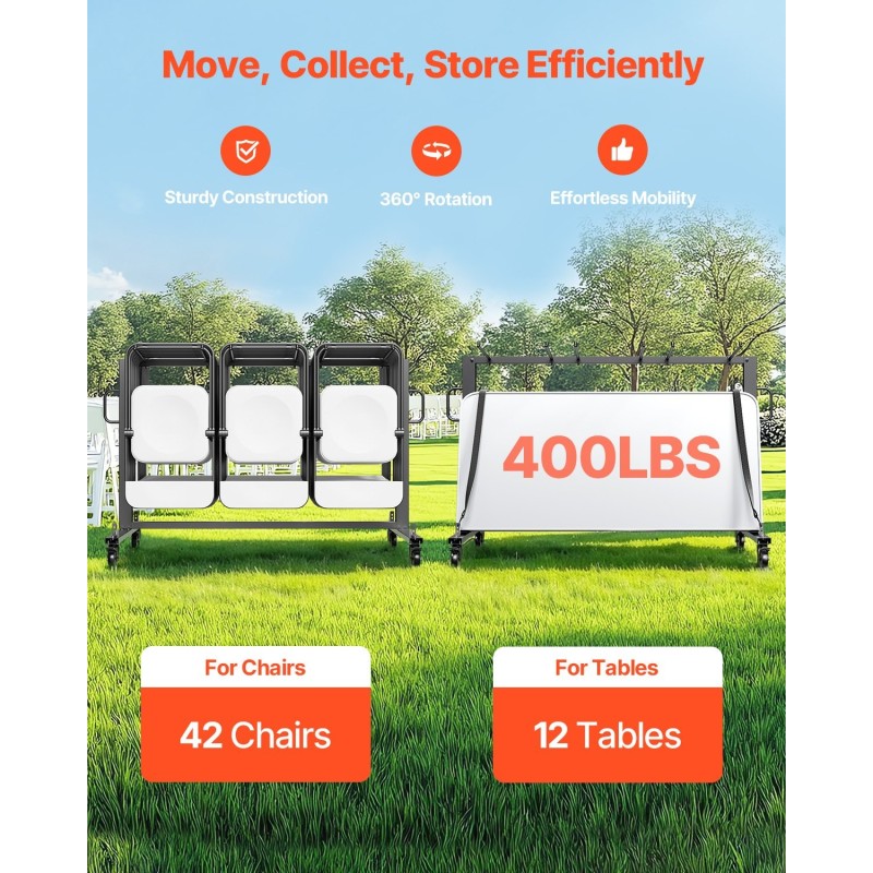Taittotuolien kuljetuskärry Q235-rautainen runko 42 tuolia 181 kg jarrulliset pyörät mattamusta