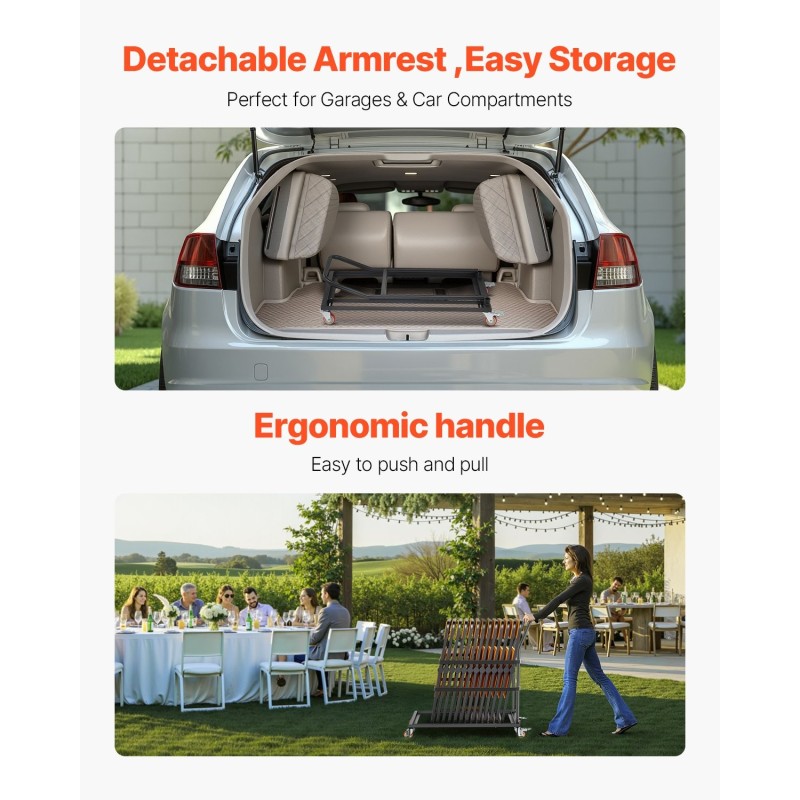 Metallinen taittuva tuolivaunu Q235 rauta L-muotoinen 25 taittotuolille 136 kg kantavuus mattamusta