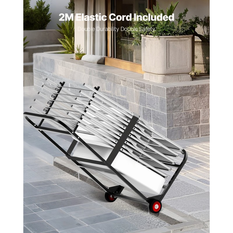 Taitettavien tuolien säilytyskärry Q235-rauta 10 tuolia kantavuus 45kg kumipyörät mattamusta