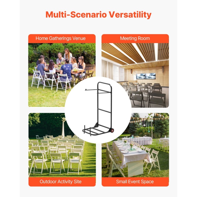 Taitettavien tuolien säilytyskärry Q235-rauta 10 tuolia kantavuus 45kg kumipyörät mattamusta