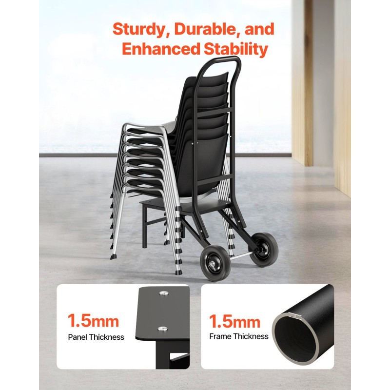 Taittotuolivaunu Q235-teräs 68 kg kantavuus 10 taittotuolia kumipyörillä mattamusta