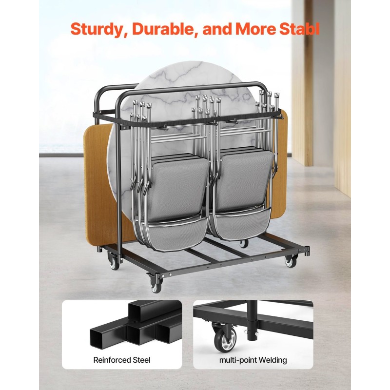 Taittuva tuolikärry rautarunkoinen jopa viisi pöytää ja neljätoista tuolia kääntyvät lukittavat pyörät