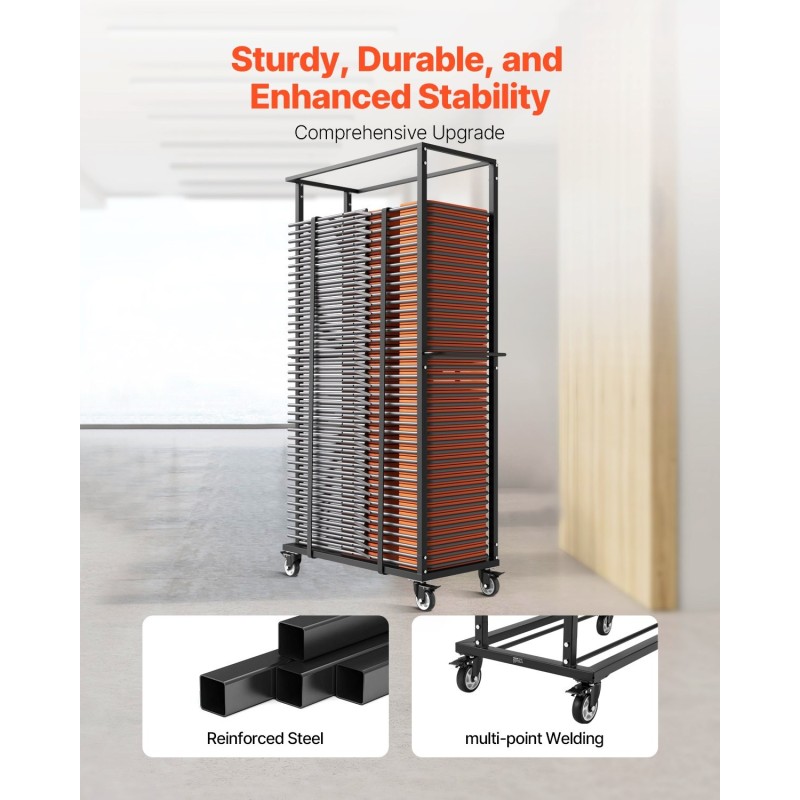 Metallinen taittotuolikärry Q235-rauta 60 tuolia 227 kg kantavuus lukittavat kääntöpyörät mattamusta