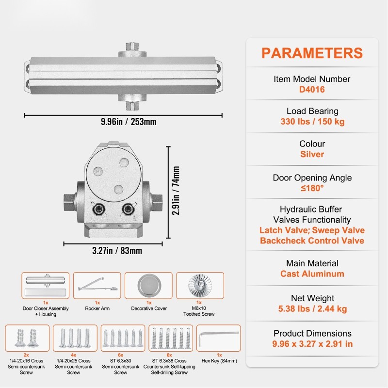 Hydraulinen ovensuljin valualumiinirunko 150 kg kantavuus säädettävä sulkeutumisnopeus hopea