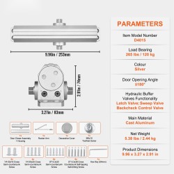 Hydraulinen ovensuljin painevalettu alumiinirunko enintään 120 kg oville säädettävä sulkeutumisnopeus ja loppulukitus