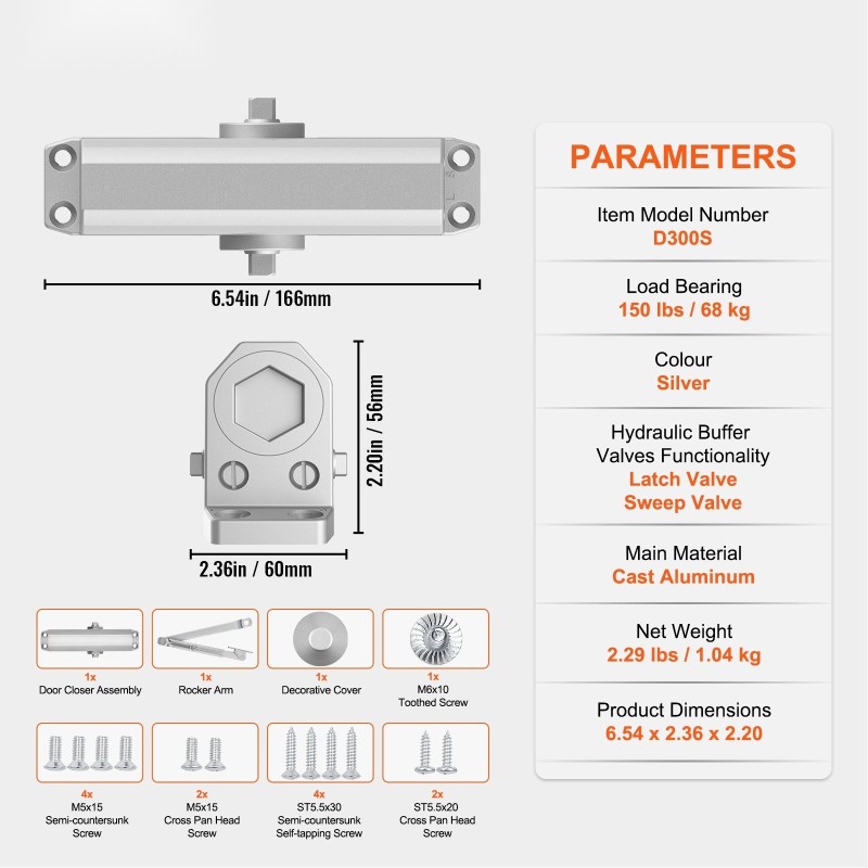 Hydraulinen ovensuljin valettu alumiinirunko 68 kg kantavuus säädettävä sulkeutumisnopeus hopeanvärinen