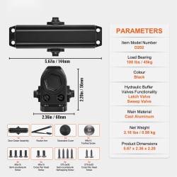 Hydraulinen ovipumppu valualumiinirunko 45 kg kantokyky musta sisä ja ulko-oviin