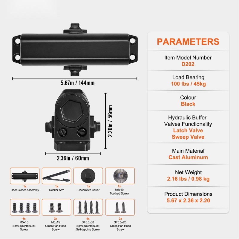 Hydraulinen ovipumppu valualumiinirunko 45 kg kantokyky musta sisä ja ulko-oviin