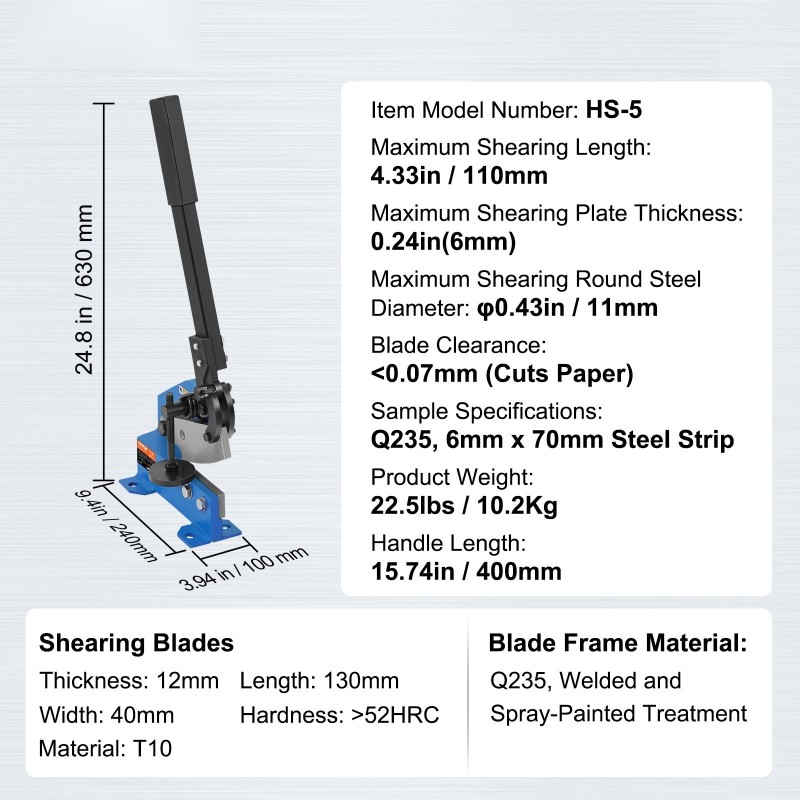 Käsikäyttöinen pöytäkiinnitteinen levyleikkuri Q235 runko T10 terät 6mm 110mm