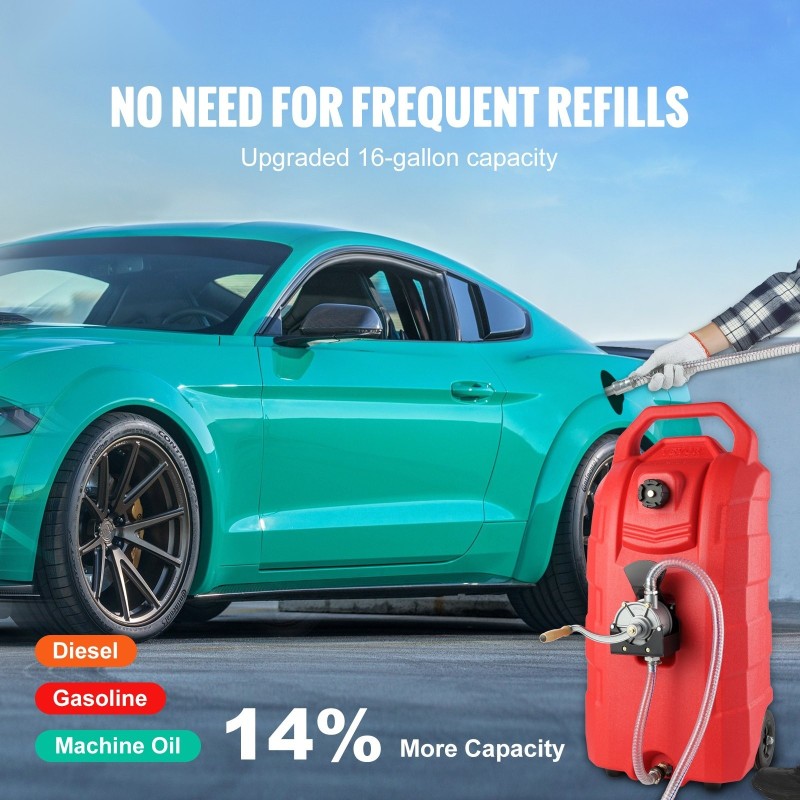 Siirrettävä 16 gallonan polttoainesäiliö PE käsipumpulla ja 6 tuuman kumipyörillä