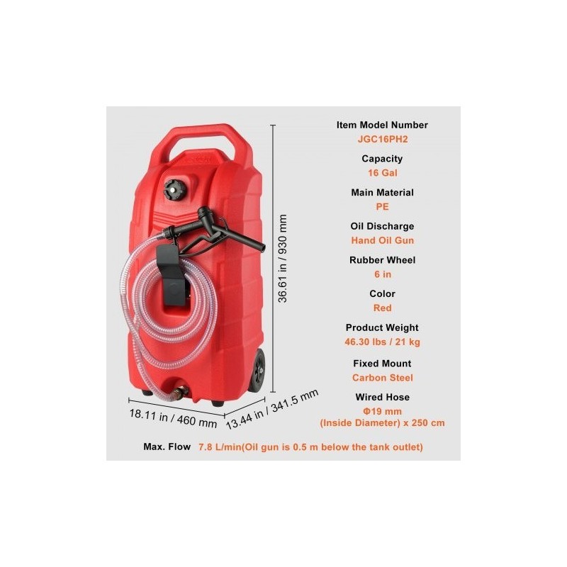 Polttoainesäiliö 60 litraa PE-muovinen painovoimalla toimiva purku 6-tuumaiset kumipyörät