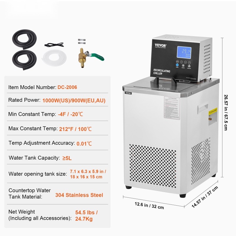 Laboratoriokiertojäähdytin vähintään 5 l 304-ruostumatonta terästä kaksoiskierto -20–100 °C LCD-näyttö
