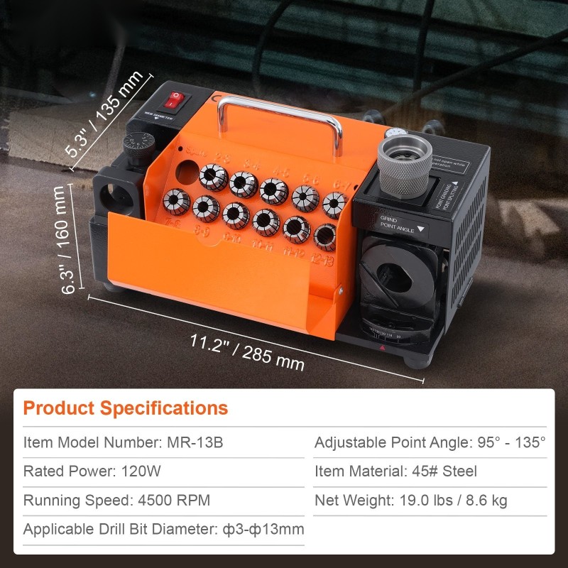 Poranterien teroitin 3–13 mm säädettävä kärkikulma 95–135 astetta 11 kiristintä kaksi hiomalaikkaa
