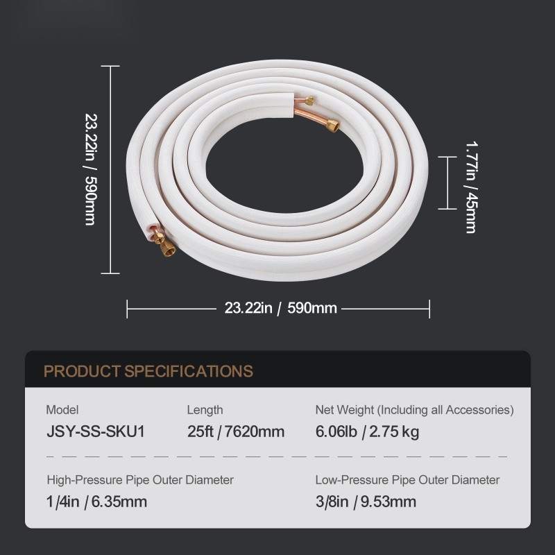 Kuparinen mini-split linjasarja 7620 mm 6,35 ja 9,53 mm kolmikerroksinen eristys