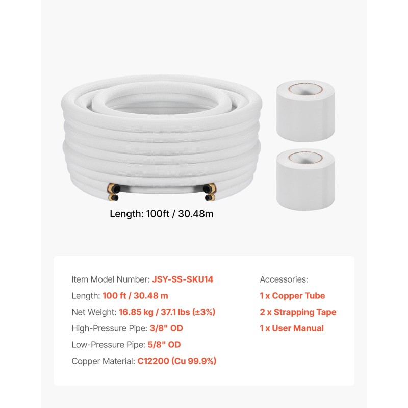 Mini split putkistosarja 30,5 m kuparia 9,5 ja 15,9 mm PE-eriste