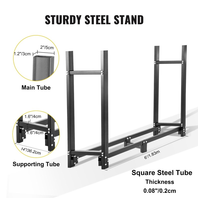 Polttopuuteline teräksinen 6-jalkainen 183.5x36.2x122 cm musta ulkokäyttöön PVC-suojapeitteellä 590 kg
