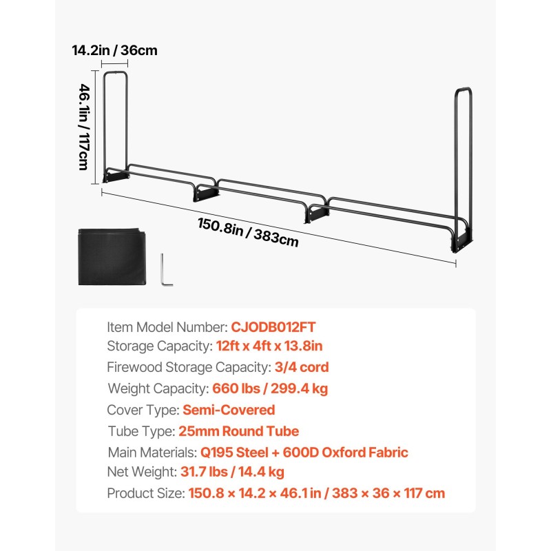 Polttopuuräkki kaareva teräsrunko 600D suojapeitteellä 383 x 36 x 117 cm ulkokäyttöön