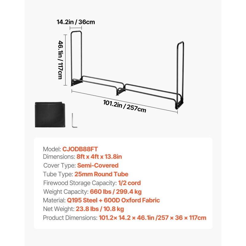 Halkoteline Q195 teräs ulkokäyttöön 2,57 m musta jauhemaalattu vedenpitävä 600D suojapeite