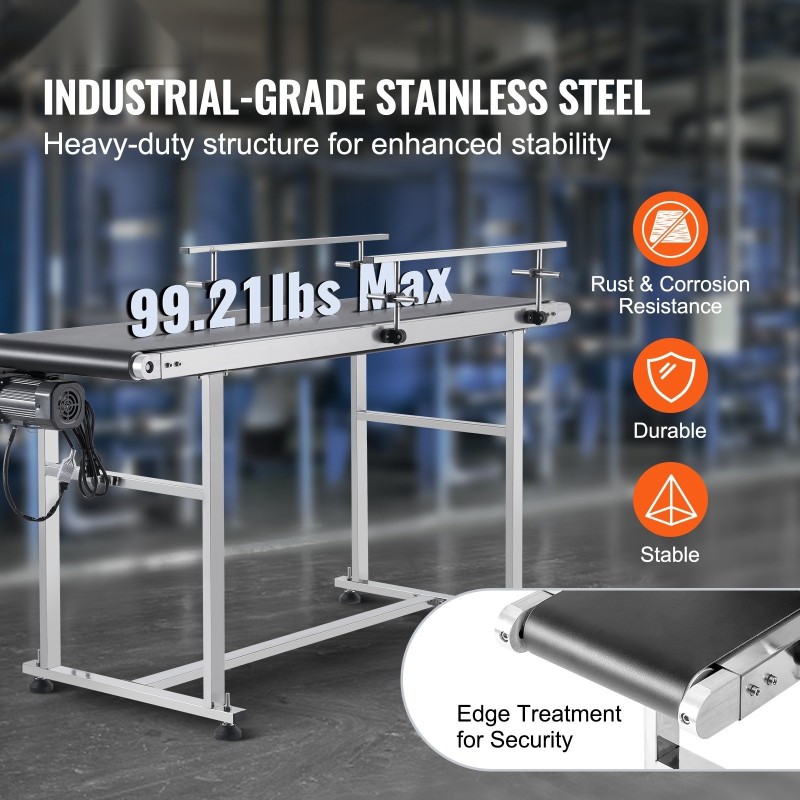 Moottoroitu PVC-kuljetinhihna 201-ruostumaton teräsrunko 1498 x 399 mm antistaattinen portaaton nopeudensäätö