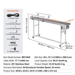Moottoroitu PVC-kuljetinhihna 201-ruostumaton teräsrunko 1498 x 399 mm antistaattinen portaaton nopeudensäätö