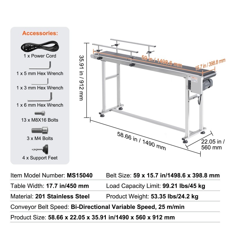 Moottoroitu PVC-kuljetinhihna 201-ruostumaton teräsrunko 1498 x 399 mm antistaattinen portaaton nopeudensäätö