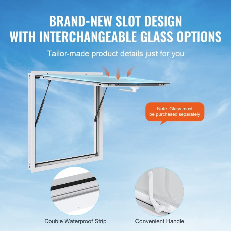 Myyntiluukku alumiiniseosrunko 915x915 mm asennuskoko 85 asteen avautumiskulma sinkityt osat sopii ruokavaunuihin