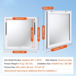 Myyntiluukku alumiiniseosrunko 915x915 mm asennuskoko 85 asteen avautumiskulma sinkityt osat sopii ruokavaunuihin