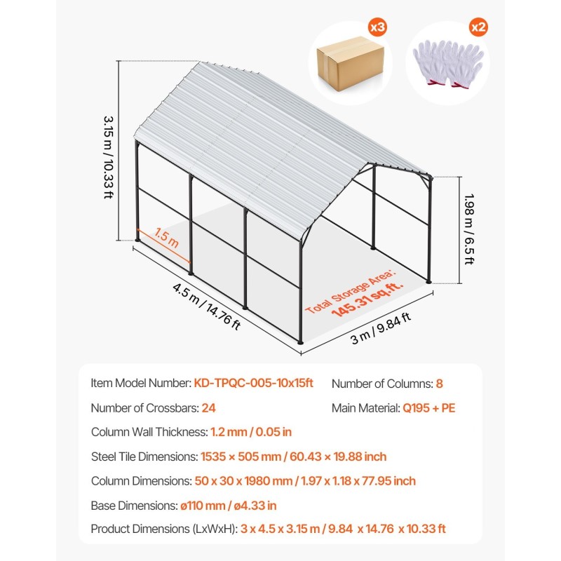 Monikäyttöinen metallinen autokatos galvanoidusta teräksestä 3 x 4,5 m irrotettavilla polyeteenisivuilla