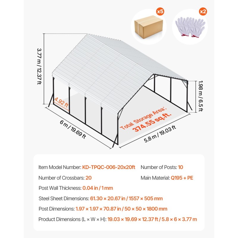 Metallinen autokatos 5,8×6×3,77 m teräsrunko PE-katto irrotettavat sivuseinät