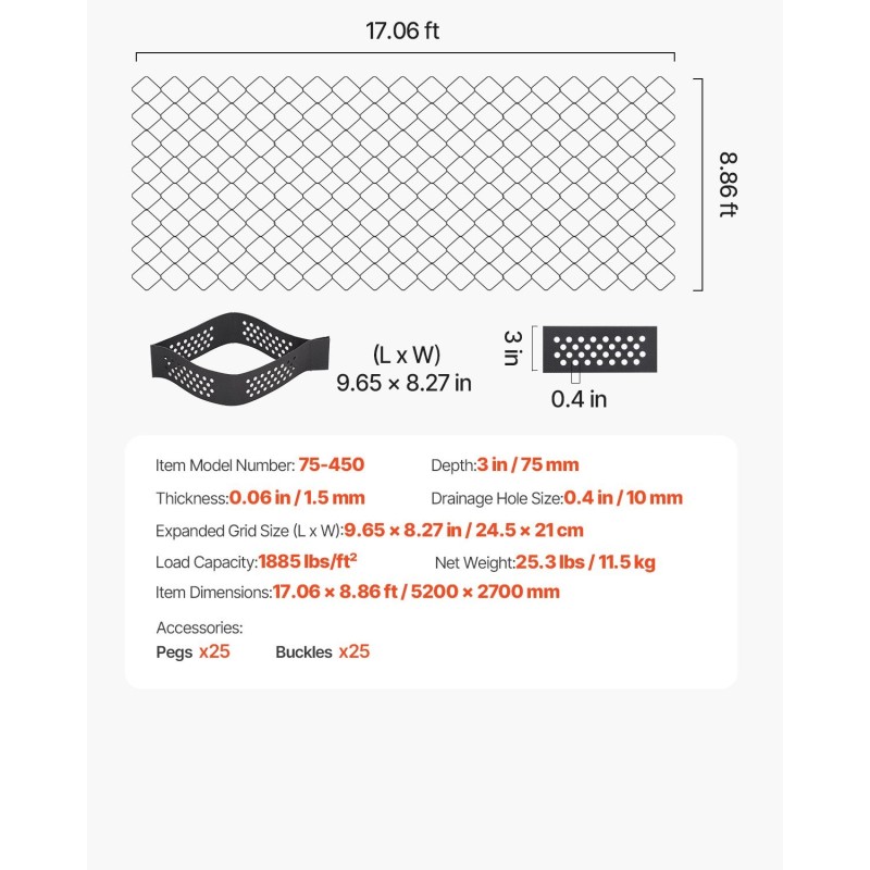 Soramoduuli 75 mm syvä 5200×2700 mm läpäisevä kennorakenne ajoneuvopysäköintiin