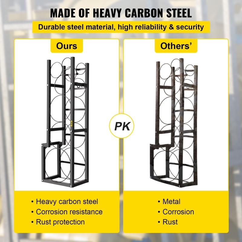 Hiiliteräs kylmäainepulloteline 6-paikkainen 48x12x15 tuumaa kaasu- ja typpisylintereille
