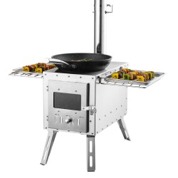 Puukamiina seosterästä 49 2 l palotilalla kannettava telttoihin ja ulkokäyttöön 8 savupiippuosiolla