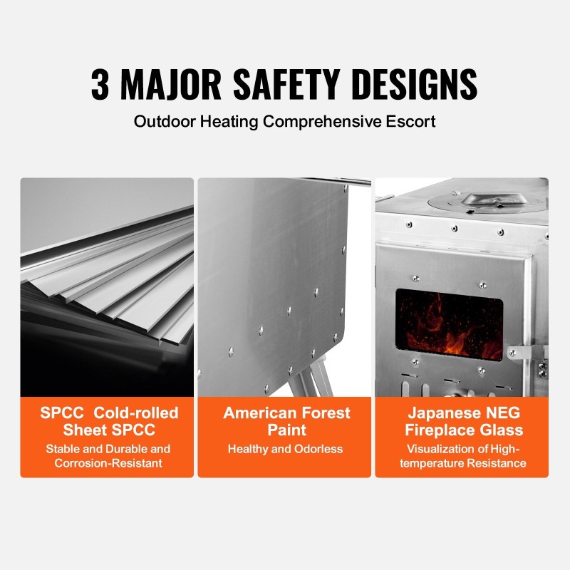 Puukamiina seosterästä 49,2 l palotilalla kannettava telttoihin ja ulkokäyttöön 8 savupiippuosiolla